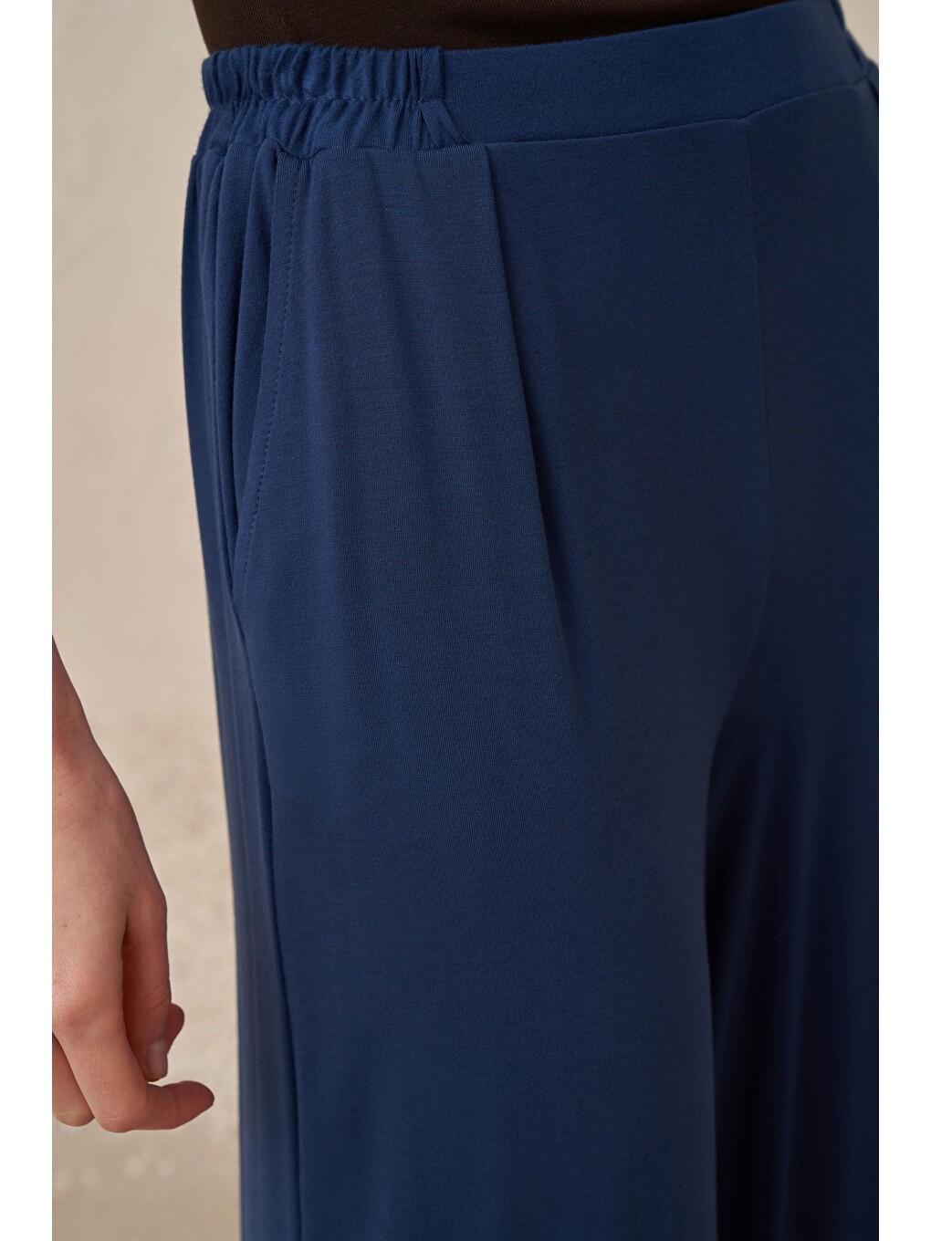 İndigo-pile Detaylı Geniş Paça Pantolon-4