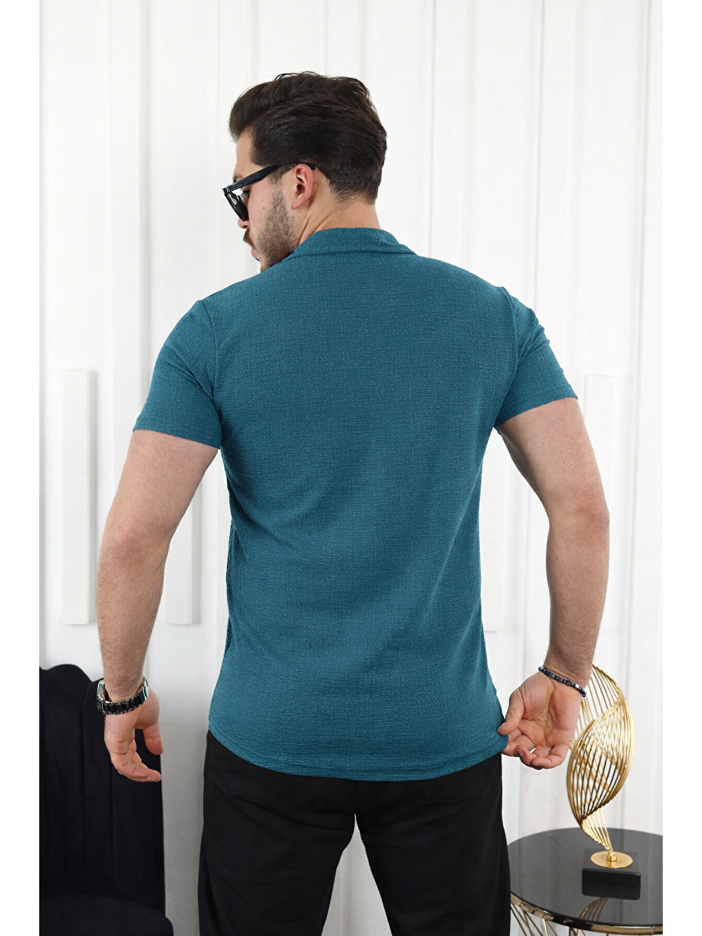 Erkek Kendinden Desenli Kısa Kol Petrol Keten Gömlek-3