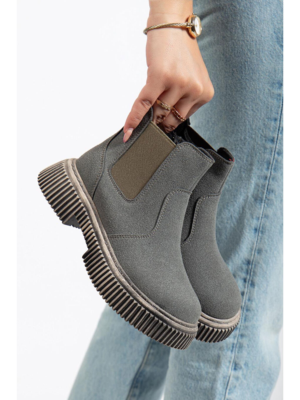 Gri Çocuk Unisex Füme Süet Kalın Tırtıklı Termo Taban Fermuarlı Lastikli Chelsea Bot