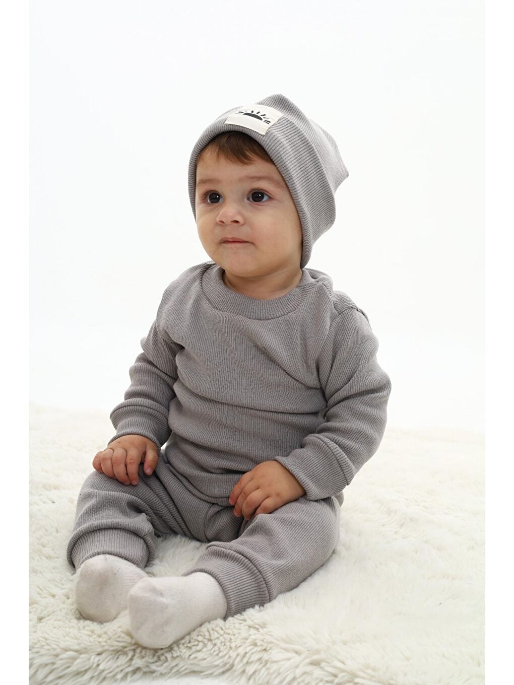 Gri Erkek Bebek 3'lü Takım (Şapka+Alt+Üst) 12128-1