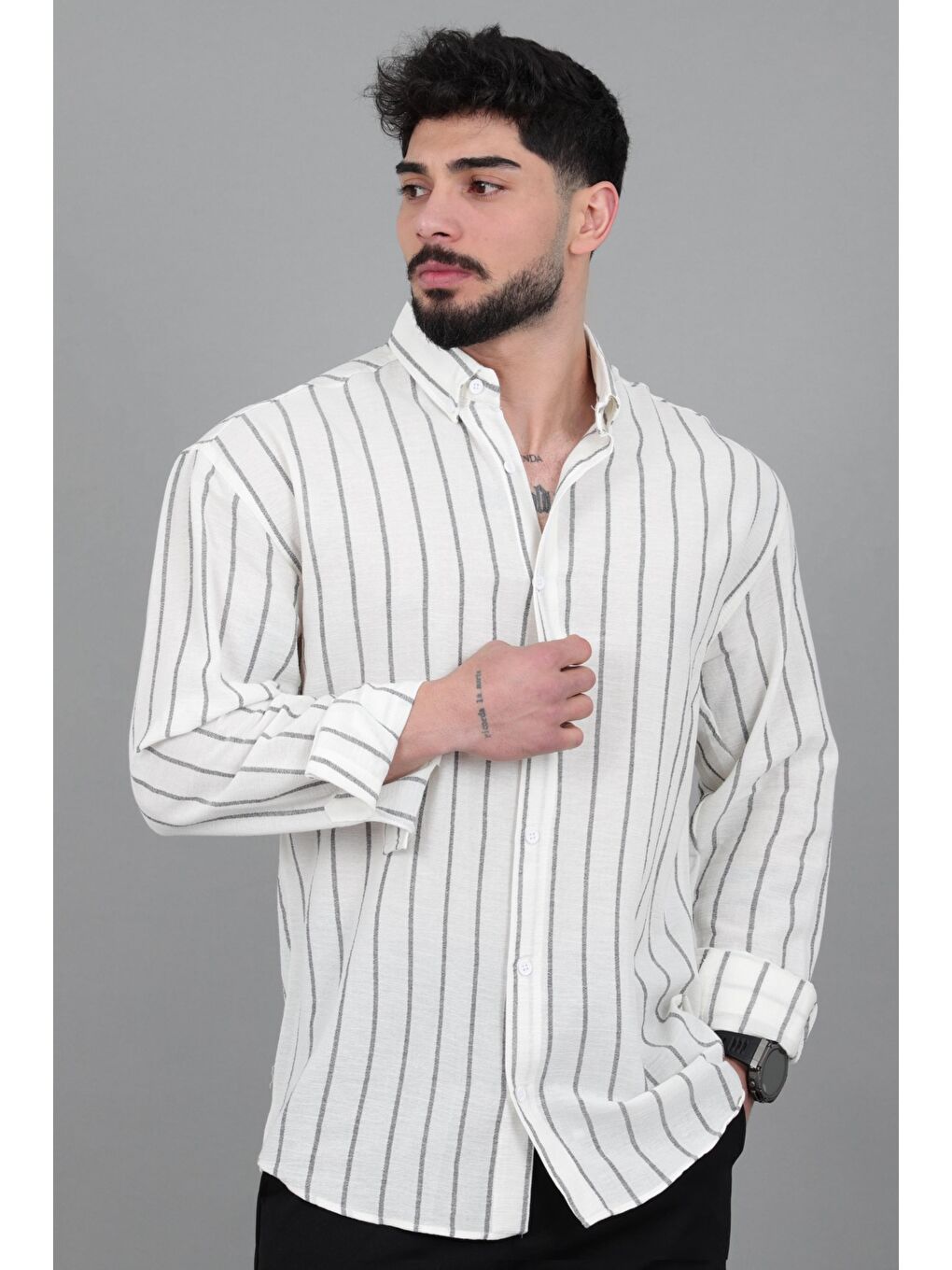 Siyah Şile Çizgili Oversize Uzun Kol Yazlık Gömlek MRS 226_40418