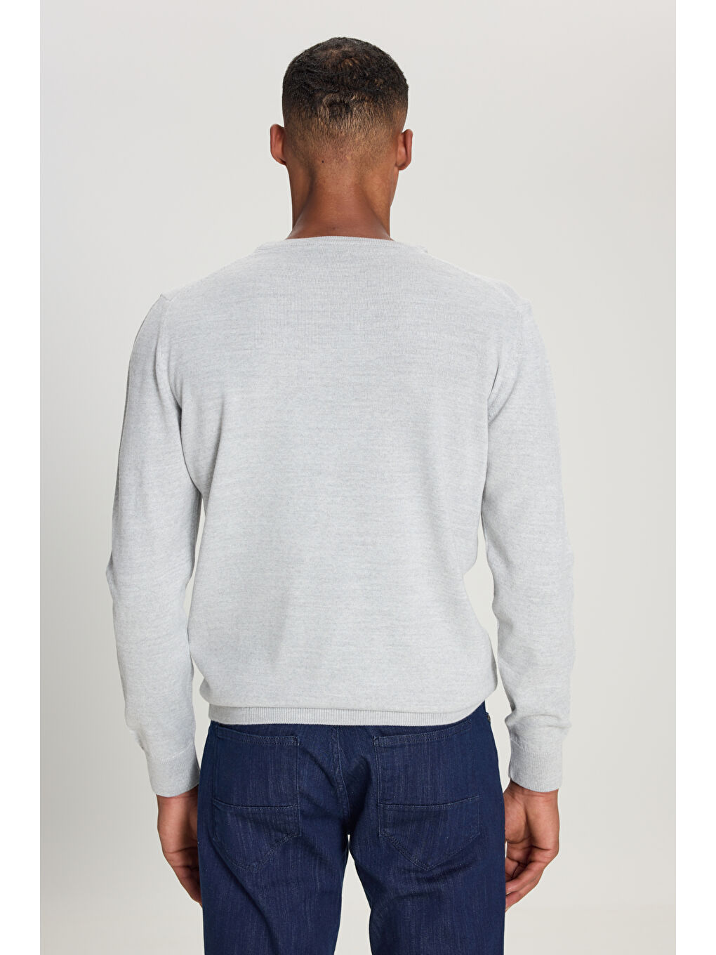 Erkek Açık Gri Standart Fit Normal Kesim Bisiklet Yaka Triko Kazak-4