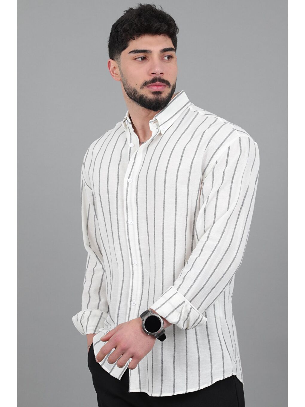 Siyah Şile Çizgili Oversize Uzun Kol Yazlık Gömlek MRS 226_40418-1