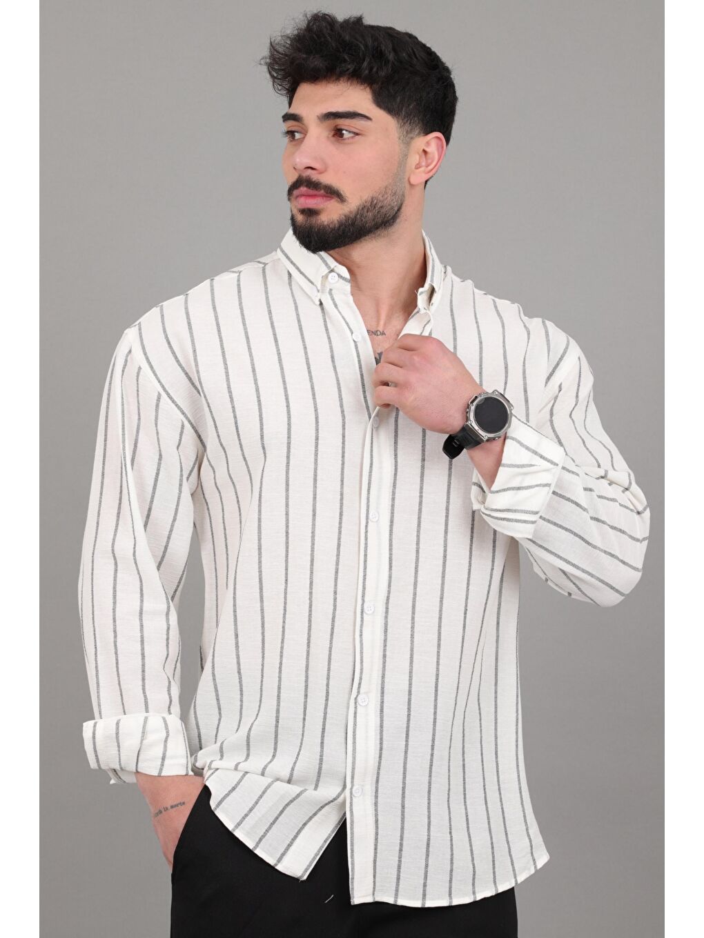 Siyah Şile Çizgili Oversize Uzun Kol Yazlık Gömlek MRS 226_40418-2