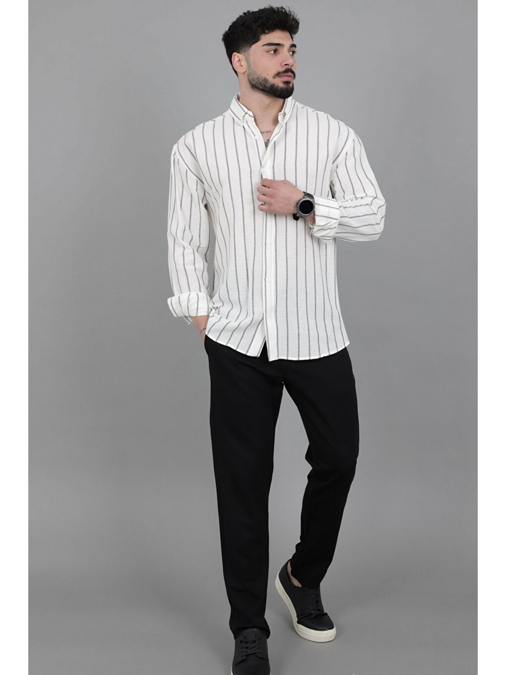 Siyah Şile Çizgili Oversize Uzun Kol Yazlık Gömlek MRS 226_40418-3