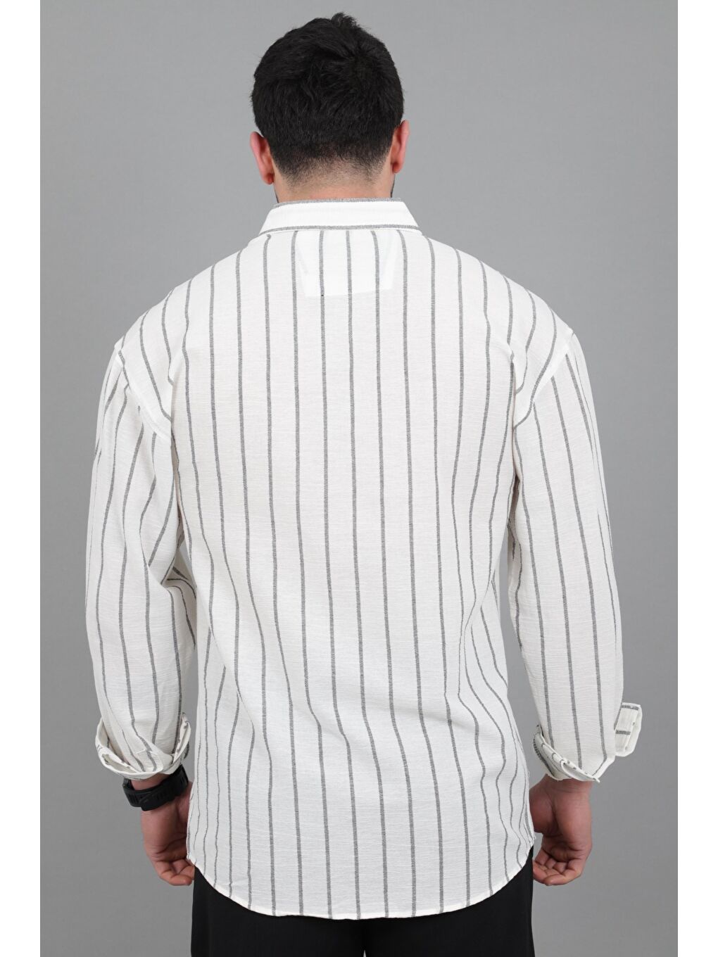 Siyah Şile Çizgili Oversize Uzun Kol Yazlık Gömlek MRS 226_40418-4