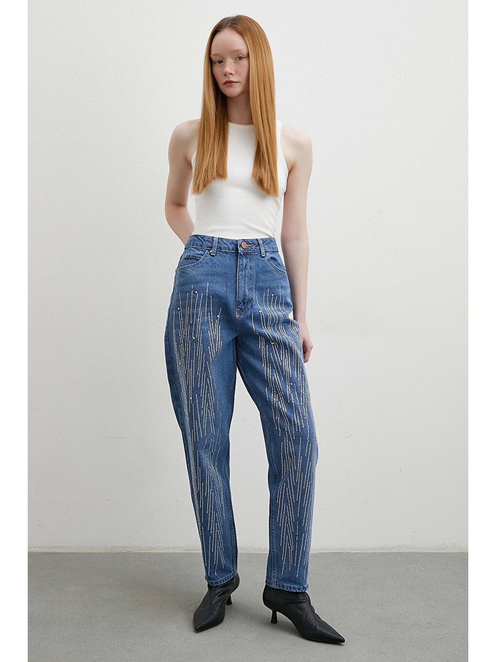 Taş İşlemeli Mom Jean Mavi