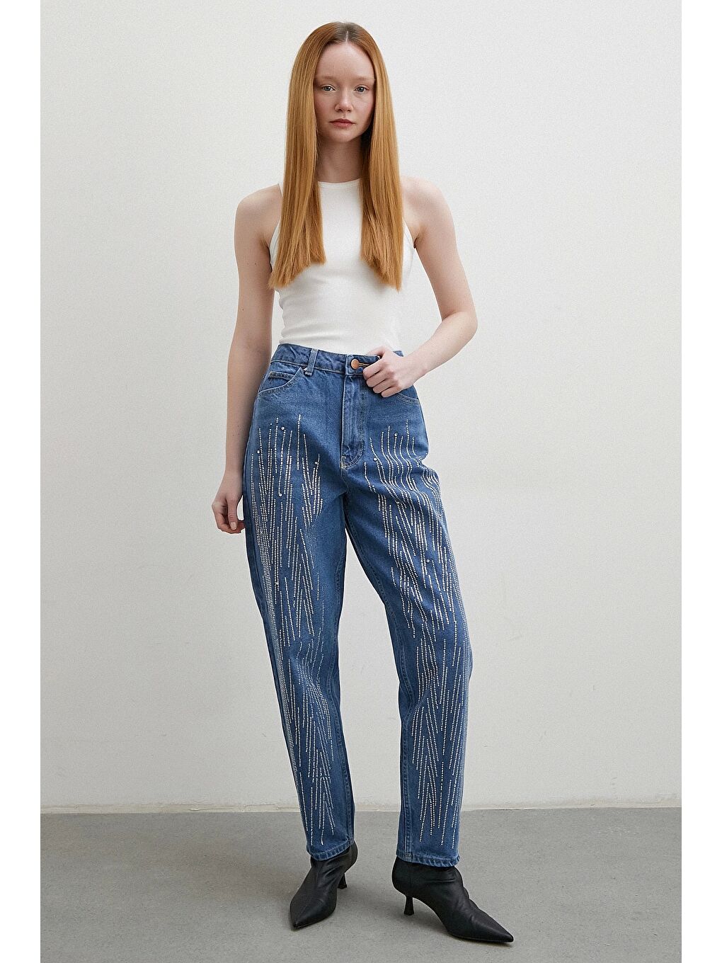 Taş İşlemeli Mom Jean Mavi-1