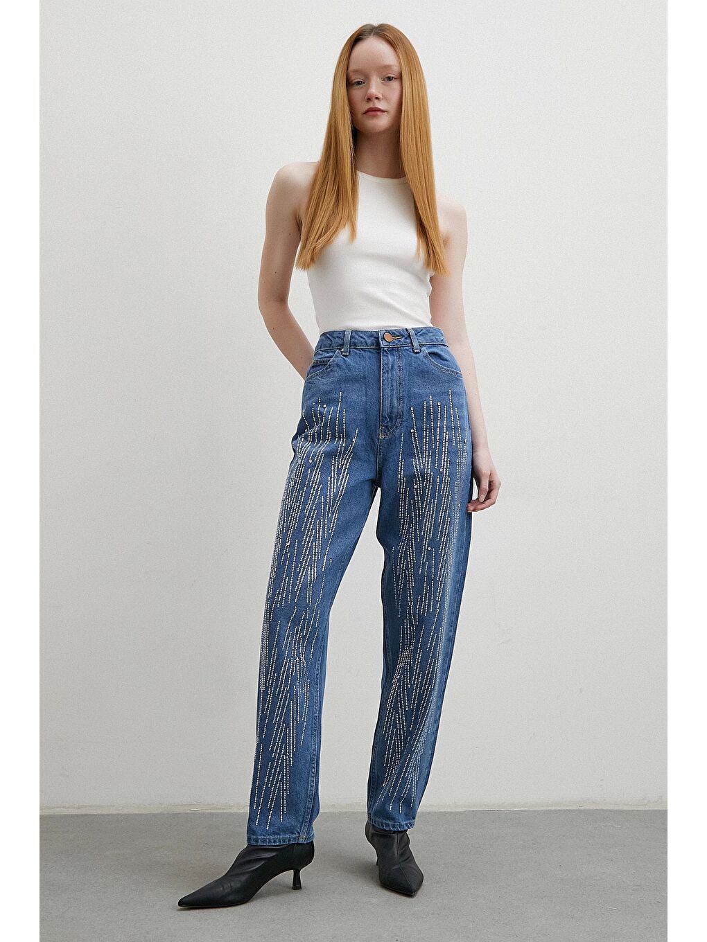 Taş İşlemeli Mom Jean Mavi-2