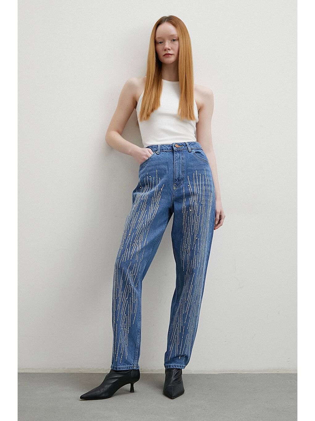 Taş İşlemeli Mom Jean Mavi-3