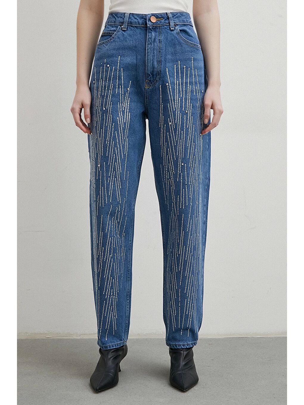Taş İşlemeli Mom Jean Mavi-4