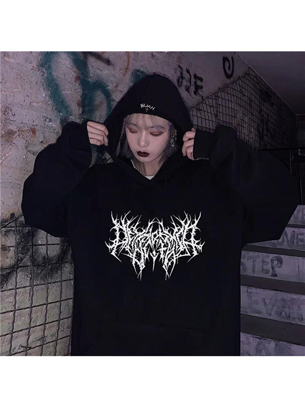 Touz Moda Siyah Gothic Graphic Baskılı Siyah Unisex Oversize Kapüşonlu Sweatshirt