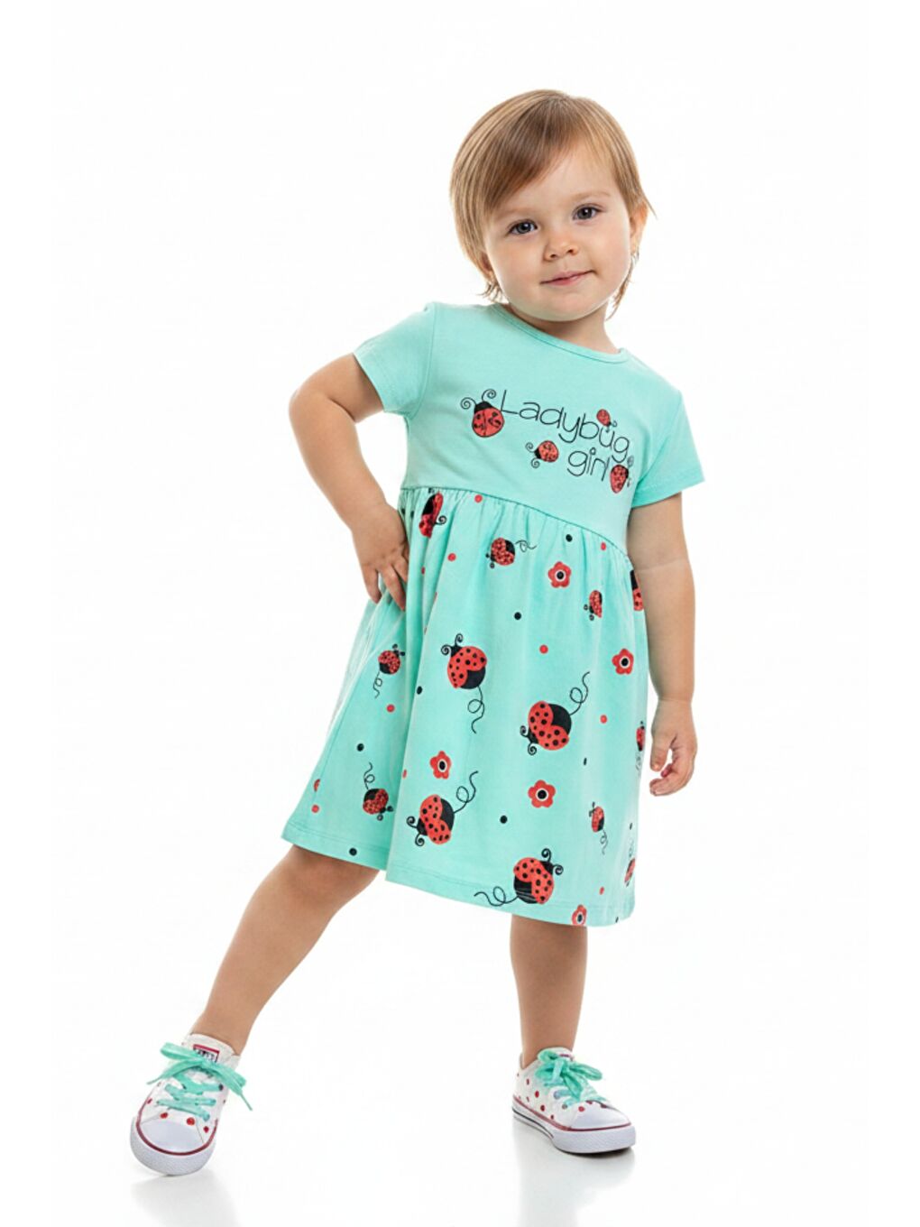 Yeşil Kız Bebek Bisiklet Yaka Kısa Kollu Belden Oturtmalı Baskılı Elbise  22270