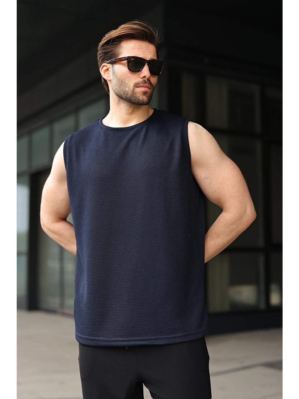 Lacivert Bisiklet Yaka Jakarlı Kolsuz Erkek Tişört E7180-1