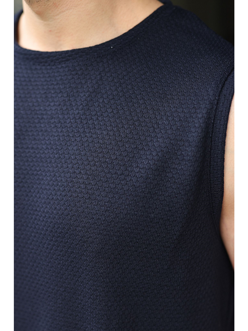 Lacivert Bisiklet Yaka Jakarlı Kolsuz Erkek Tişört E7180-2