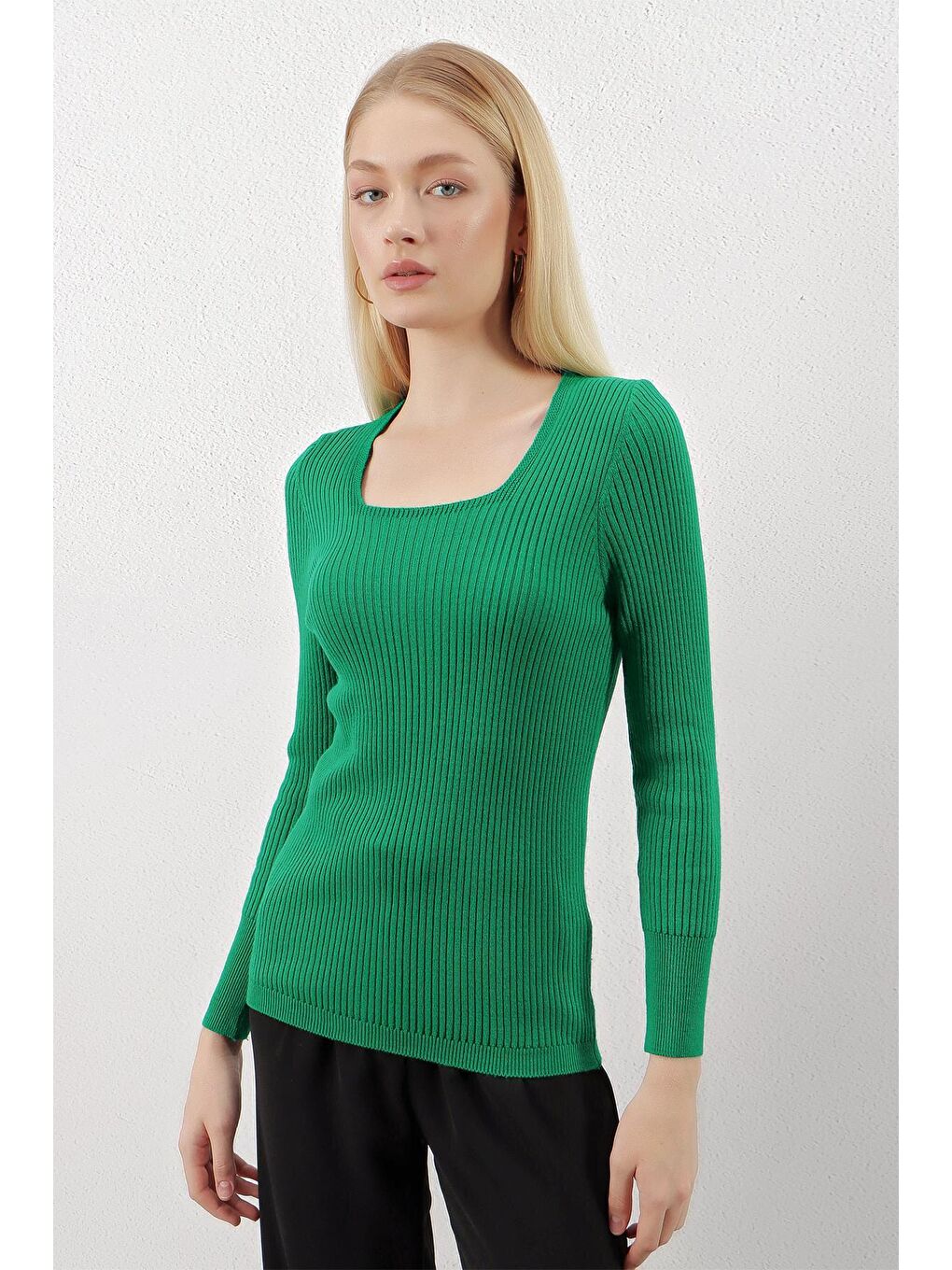 Zümrüt Yeşili Kare Yaka Fitilli Basic Body Triko Kazak-2