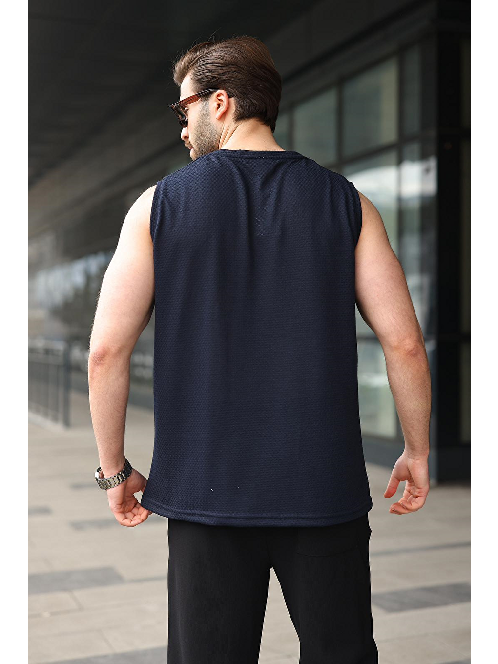 Lacivert Bisiklet Yaka Jakarlı Kolsuz Erkek Tişört E7180-3