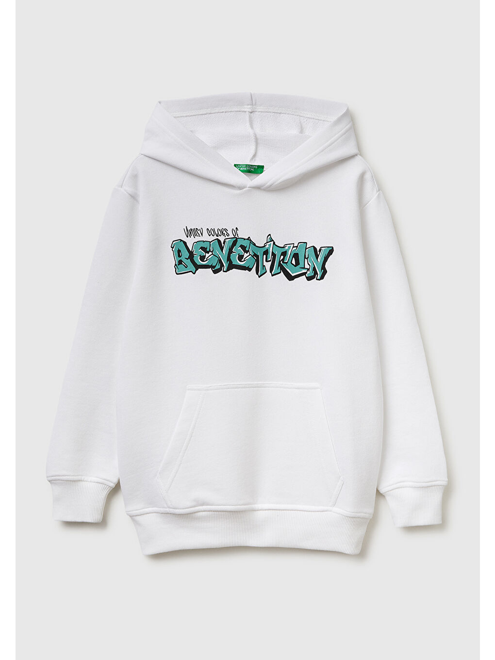 Erkek Çocuk Beyaz Önü Logo Baskılı Kanguru Cepli Kapüşonlu Sweatshirt