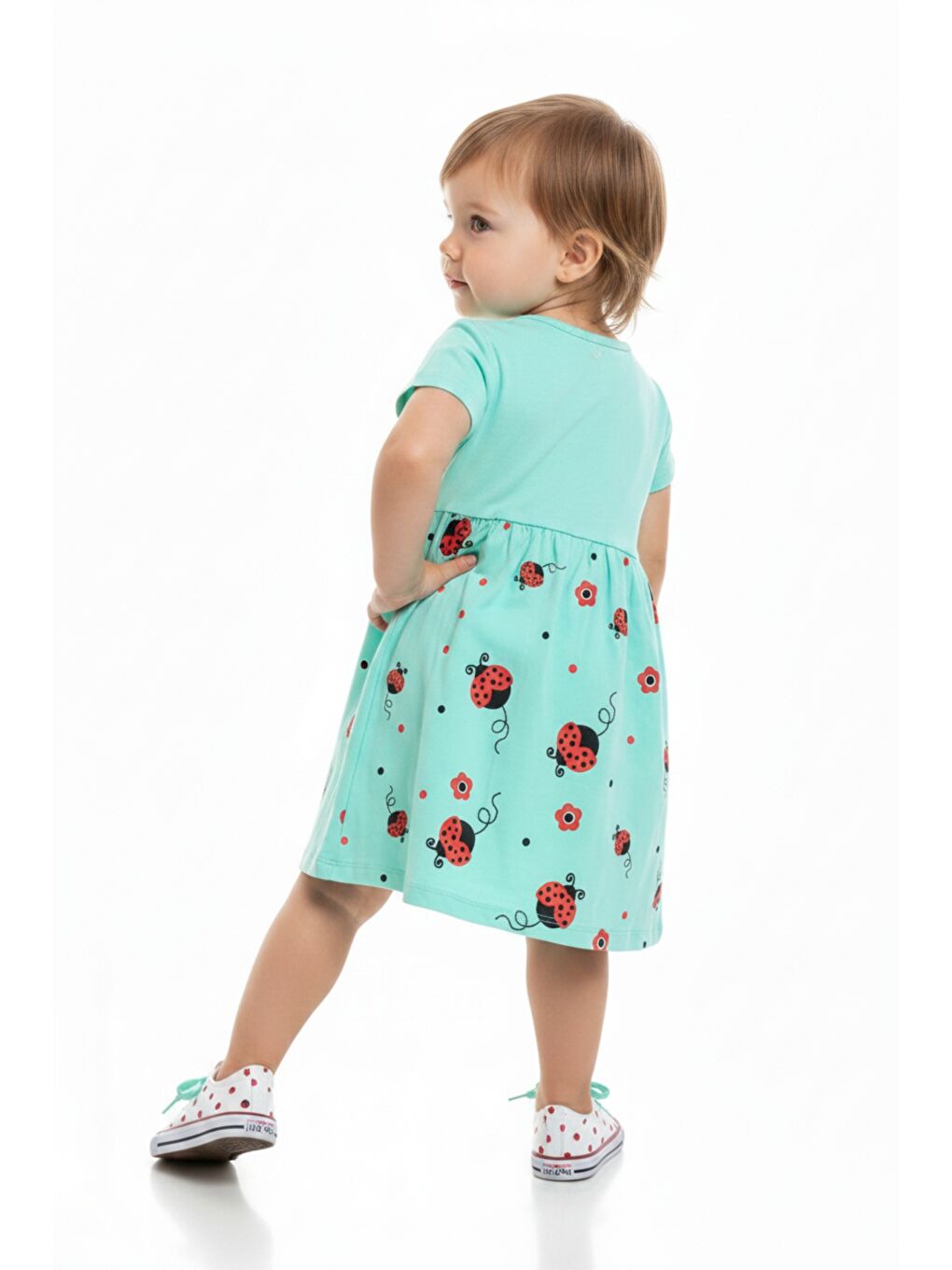 Yeşil Kız Bebek Bisiklet Yaka Kısa Kollu Belden Oturtmalı Baskılı Elbise  22270-2