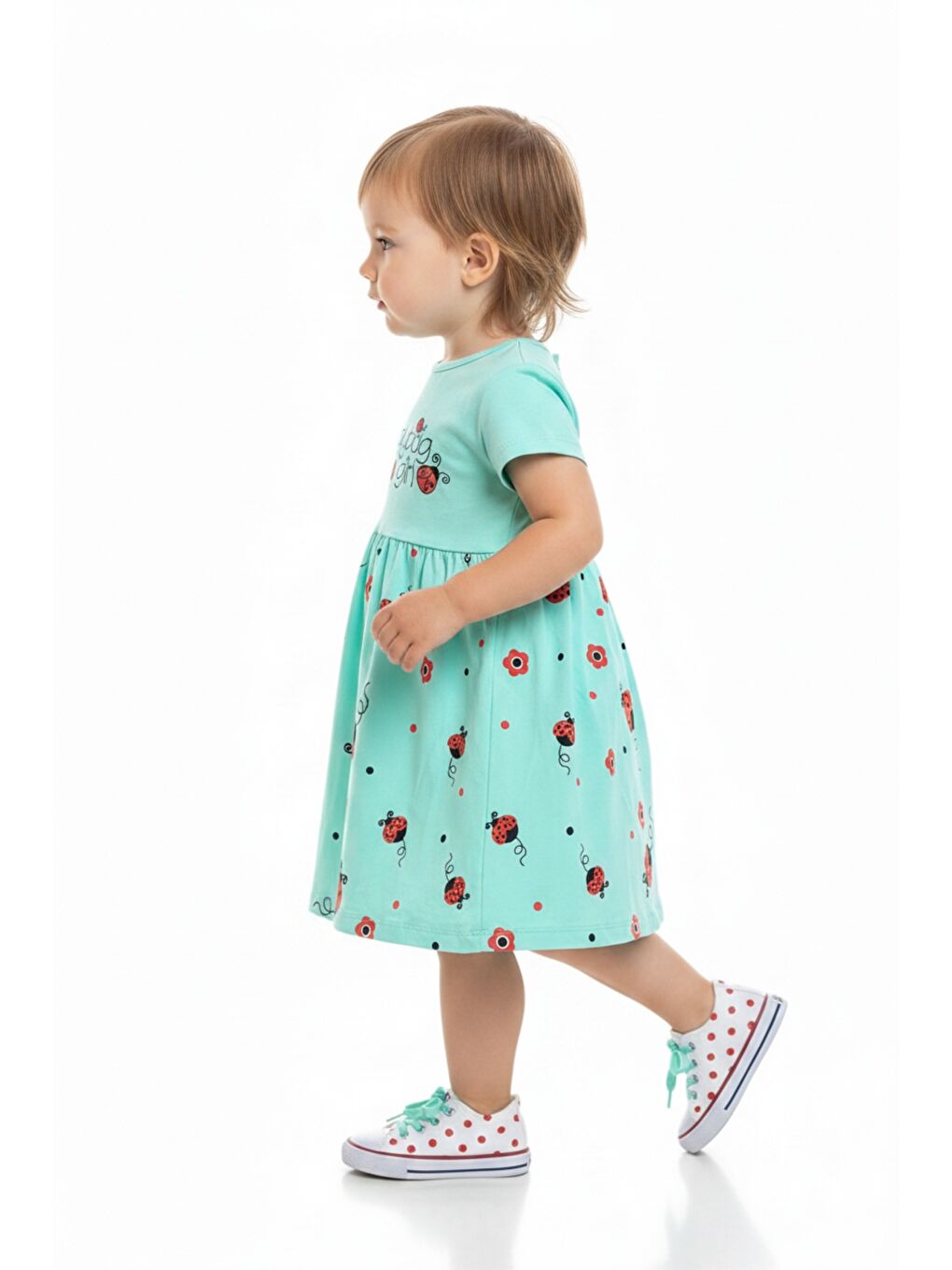 Yeşil Kız Bebek Bisiklet Yaka Kısa Kollu Belden Oturtmalı Baskılı Elbise  22270-3