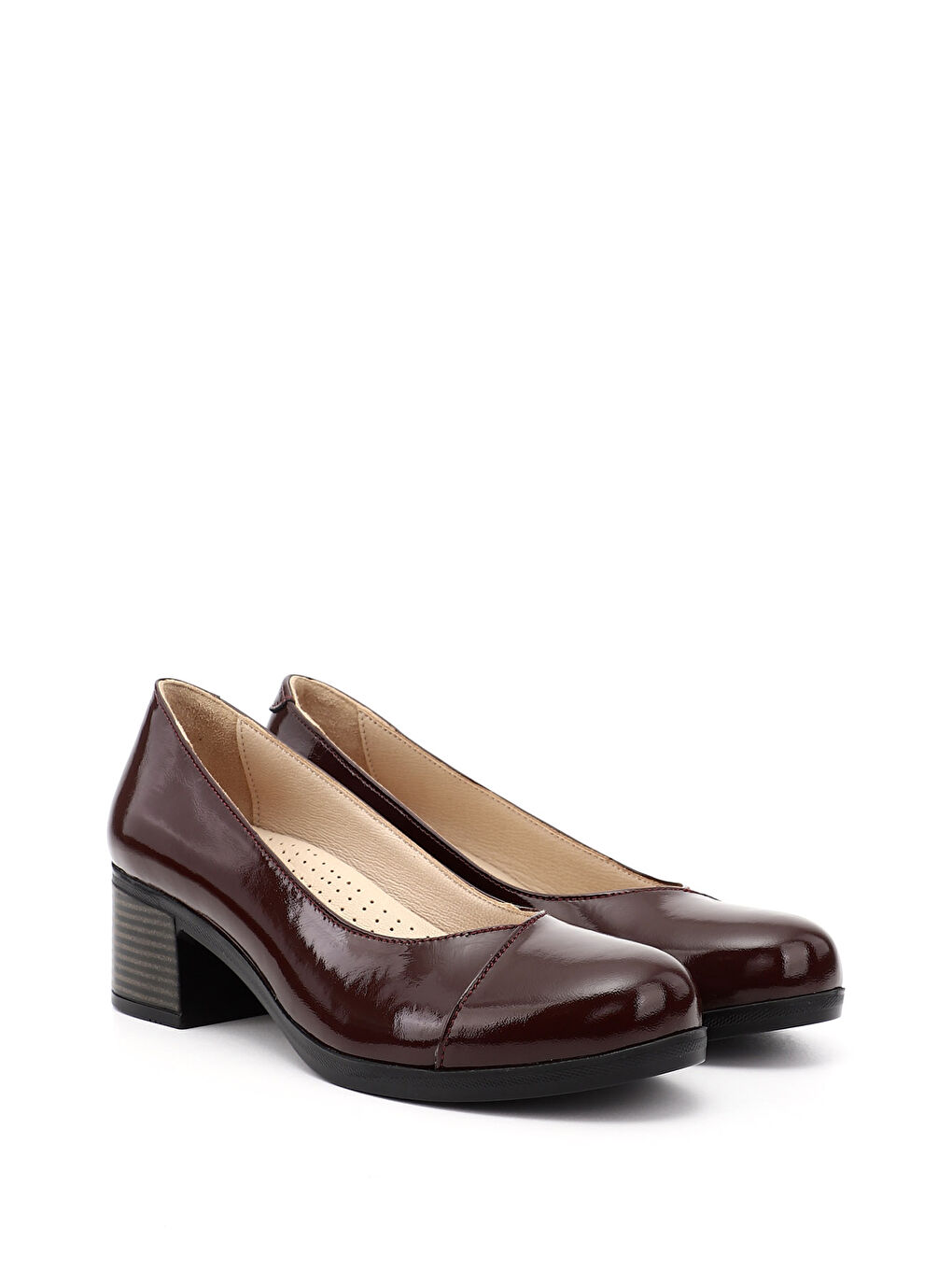 Ekru Kadın EKRU-BORDO Kısa Kalın Topuklu Hakiki Deri Ayakkabı-1