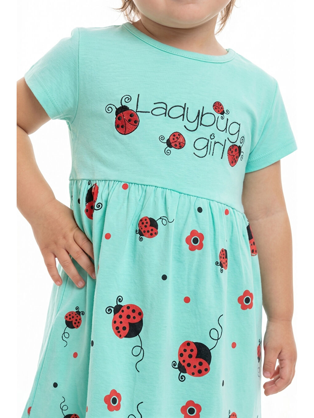 Yeşil Kız Bebek Bisiklet Yaka Kısa Kollu Belden Oturtmalı Baskılı Elbise  22270-4