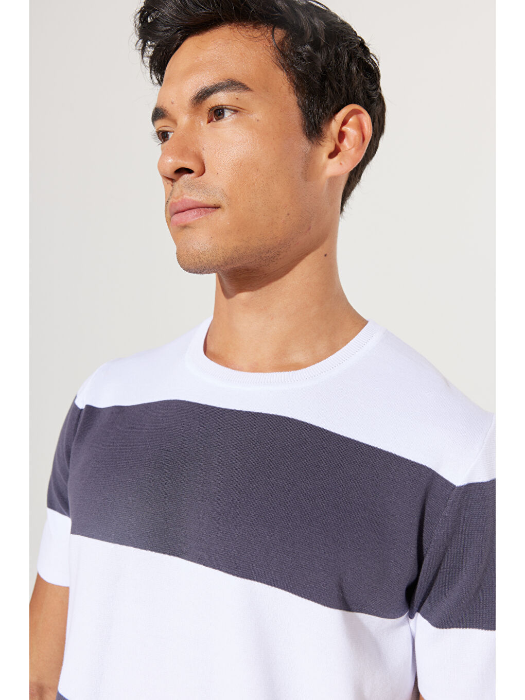 Erkek Antrasit-Beyaz Standart Fit Normal Kesim Bisiklet Yaka %100 Pamuk Kısa Kollu Triko Tişört-3
