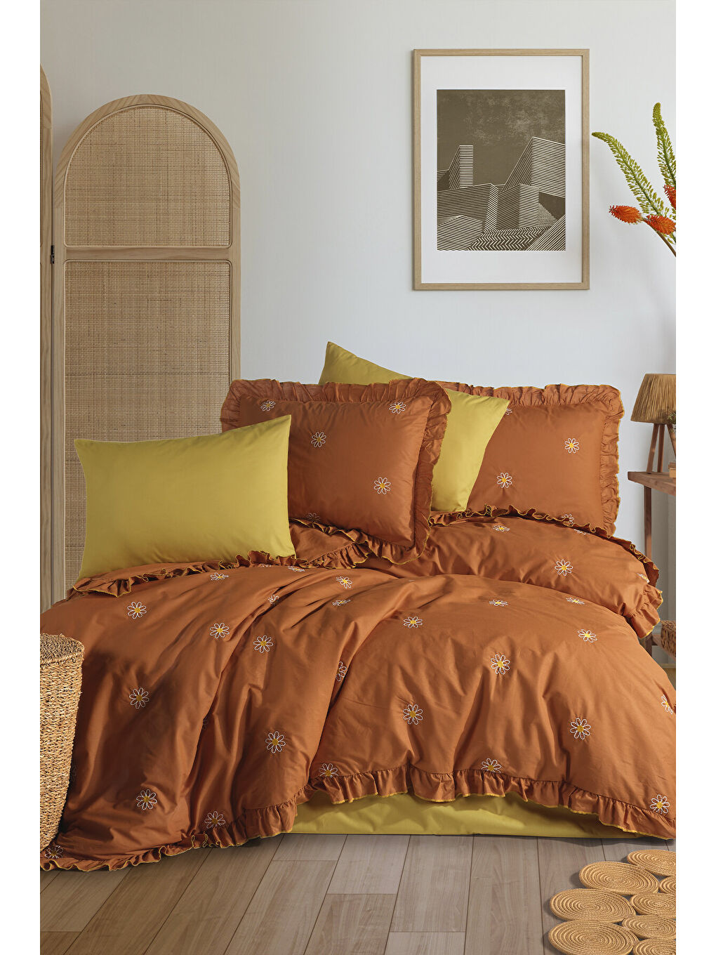 Kahverengi Ranforce %100 Pamuk Nakışlı Fırfırlı Nevresim Seti Sorteranev