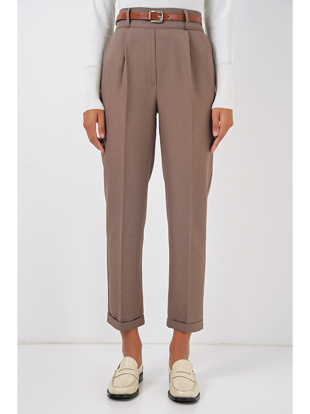 Sarı 6686 Kadın Pileli Kemerli Kumaş Pantolon - Camel-1