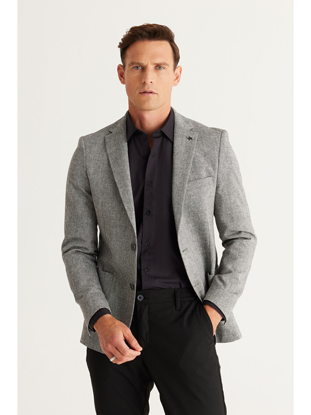 Erkek Gri Slim Fit Dar Kesim Mono Yaka Yünlü Ceket