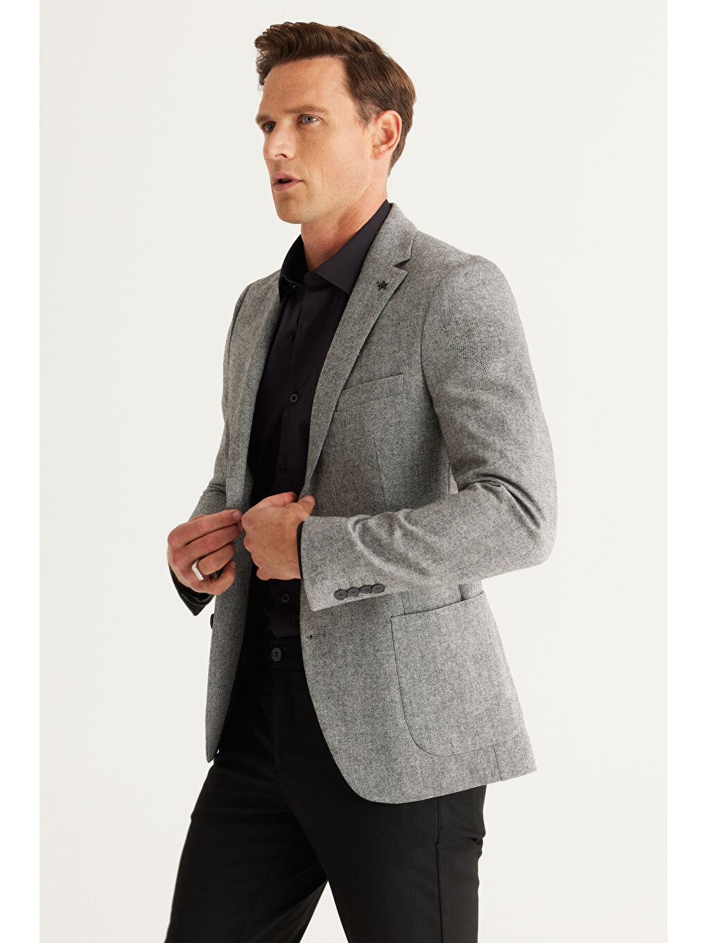 Erkek Gri Slim Fit Dar Kesim Mono Yaka Yünlü Ceket-1