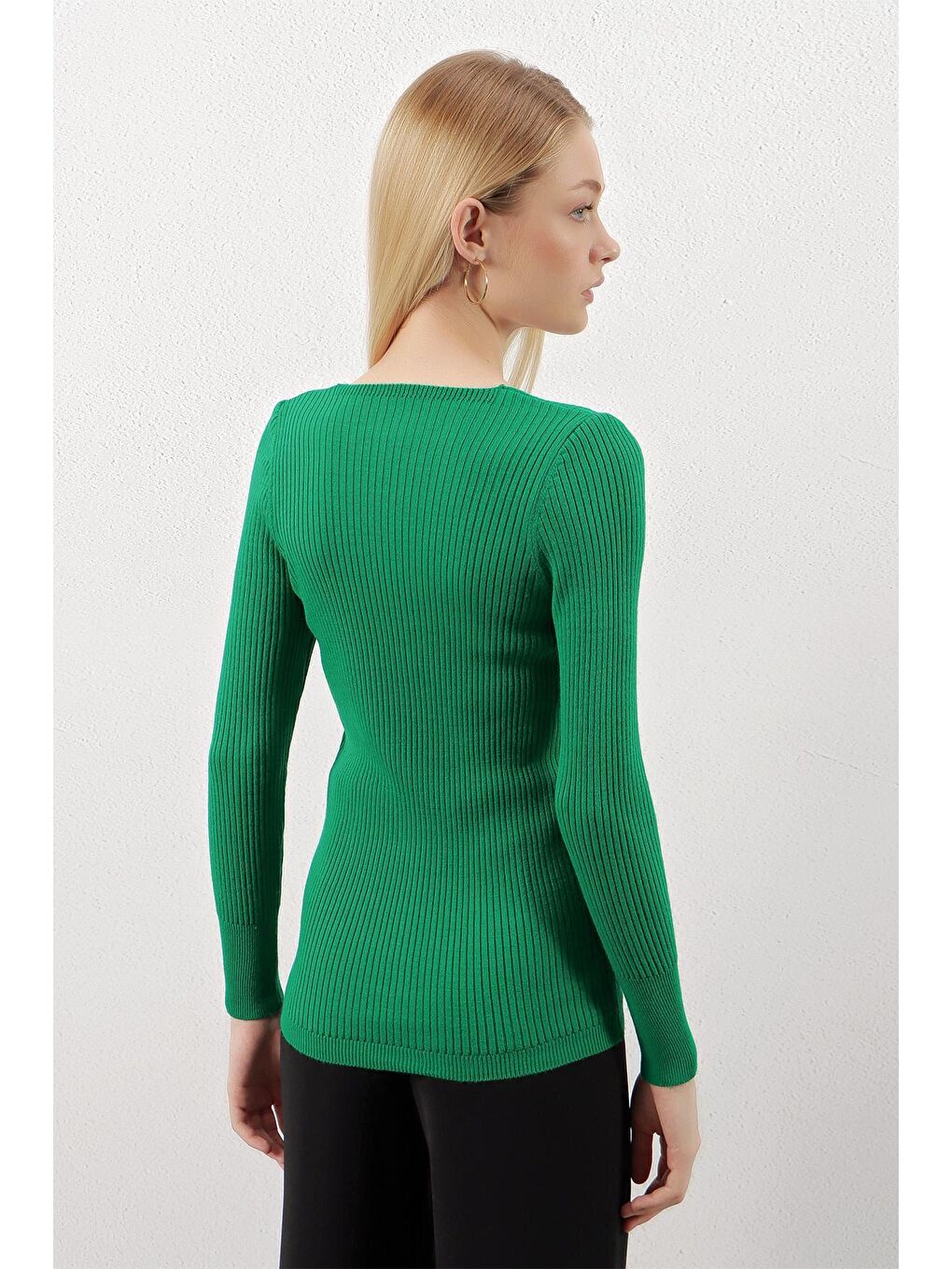 Zümrüt Yeşili Kare Yaka Fitilli Basic Body Triko Kazak-4