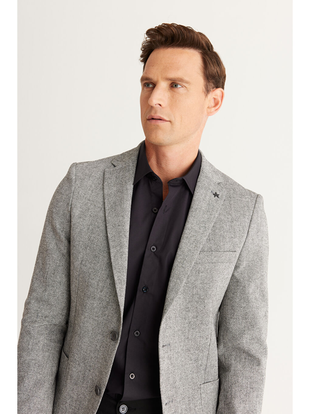 Erkek Gri Slim Fit Dar Kesim Mono Yaka Yünlü Ceket-2
