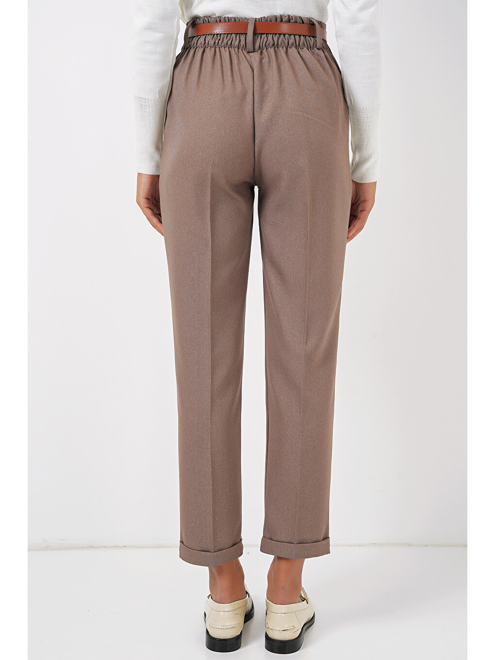 Sarı 6686 Kadın Pileli Kemerli Kumaş Pantolon - Camel-5