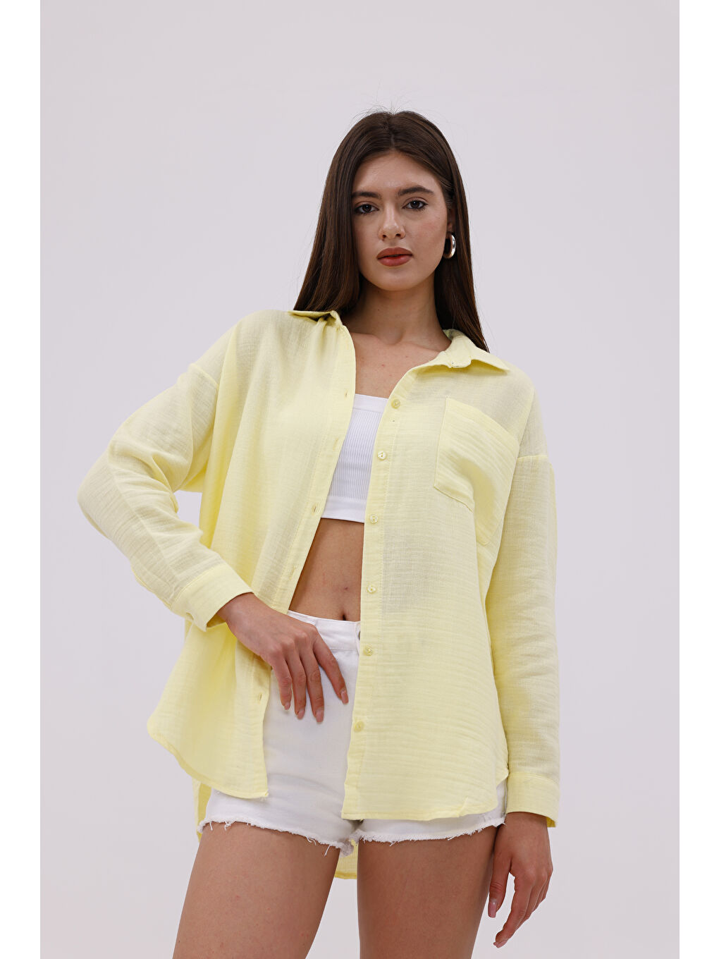 Sarı Oversize Basic Müslin Kadın Gömlek KADIN-MÜSLİN-GÖMLEK