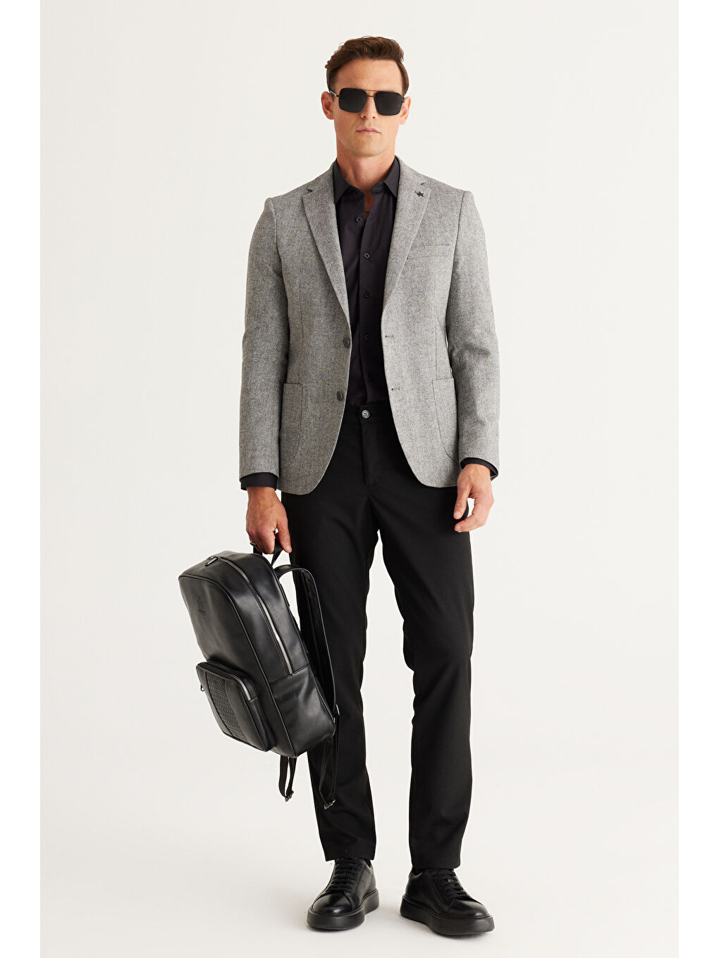 Erkek Gri Slim Fit Dar Kesim Mono Yaka Yünlü Ceket-3