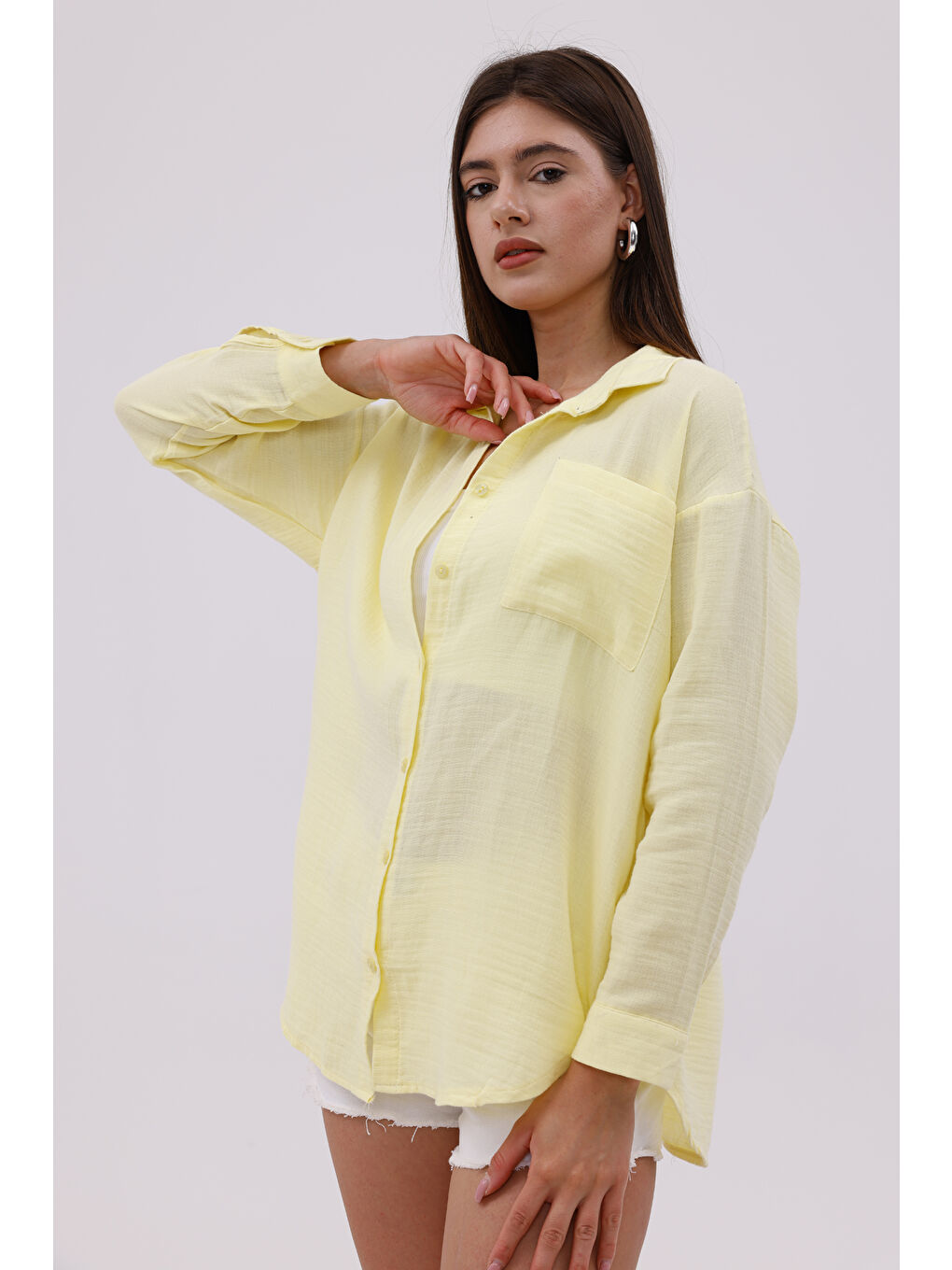 Sarı Oversize Basic Müslin Kadın Gömlek KADIN-MÜSLİN-GÖMLEK-2
