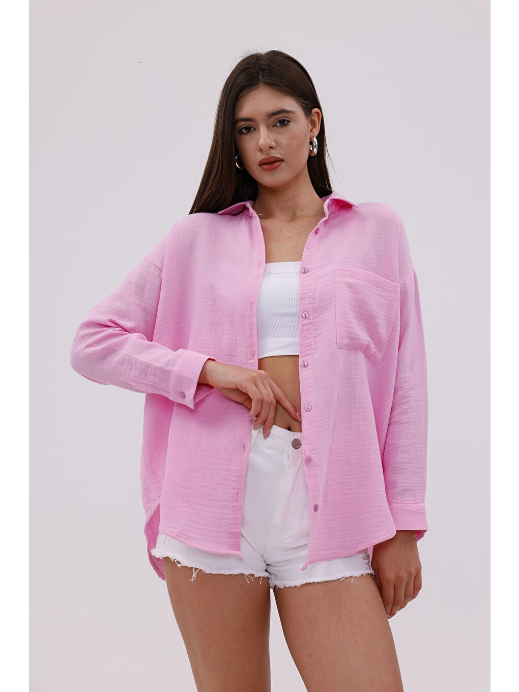 Pembe Oversize Basic Müslin Kadın Gömlek KADIN-MÜSLİN-GÖMLEK