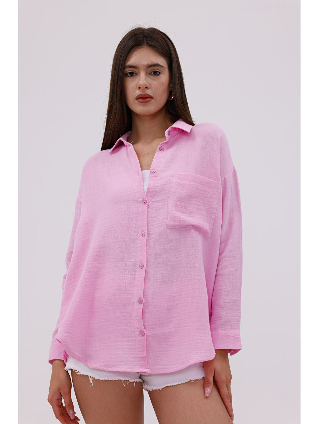 Pembe Oversize Basic Müslin Kadın Gömlek KADIN-MÜSLİN-GÖMLEK-2