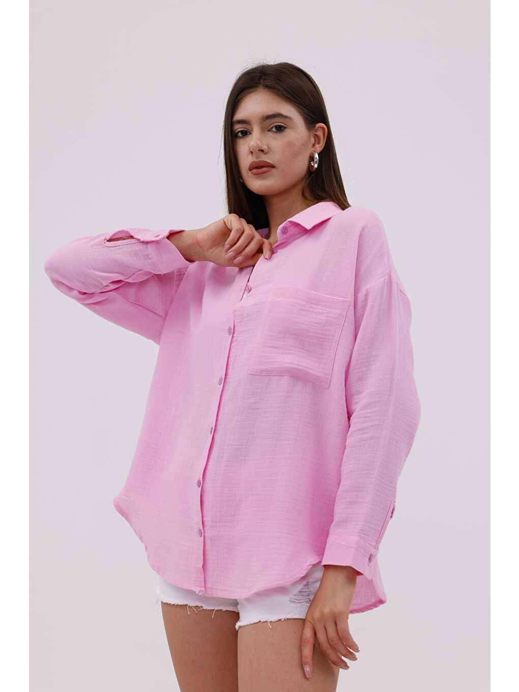 Pembe Oversize Basic Müslin Kadın Gömlek KADIN-MÜSLİN-GÖMLEK-4