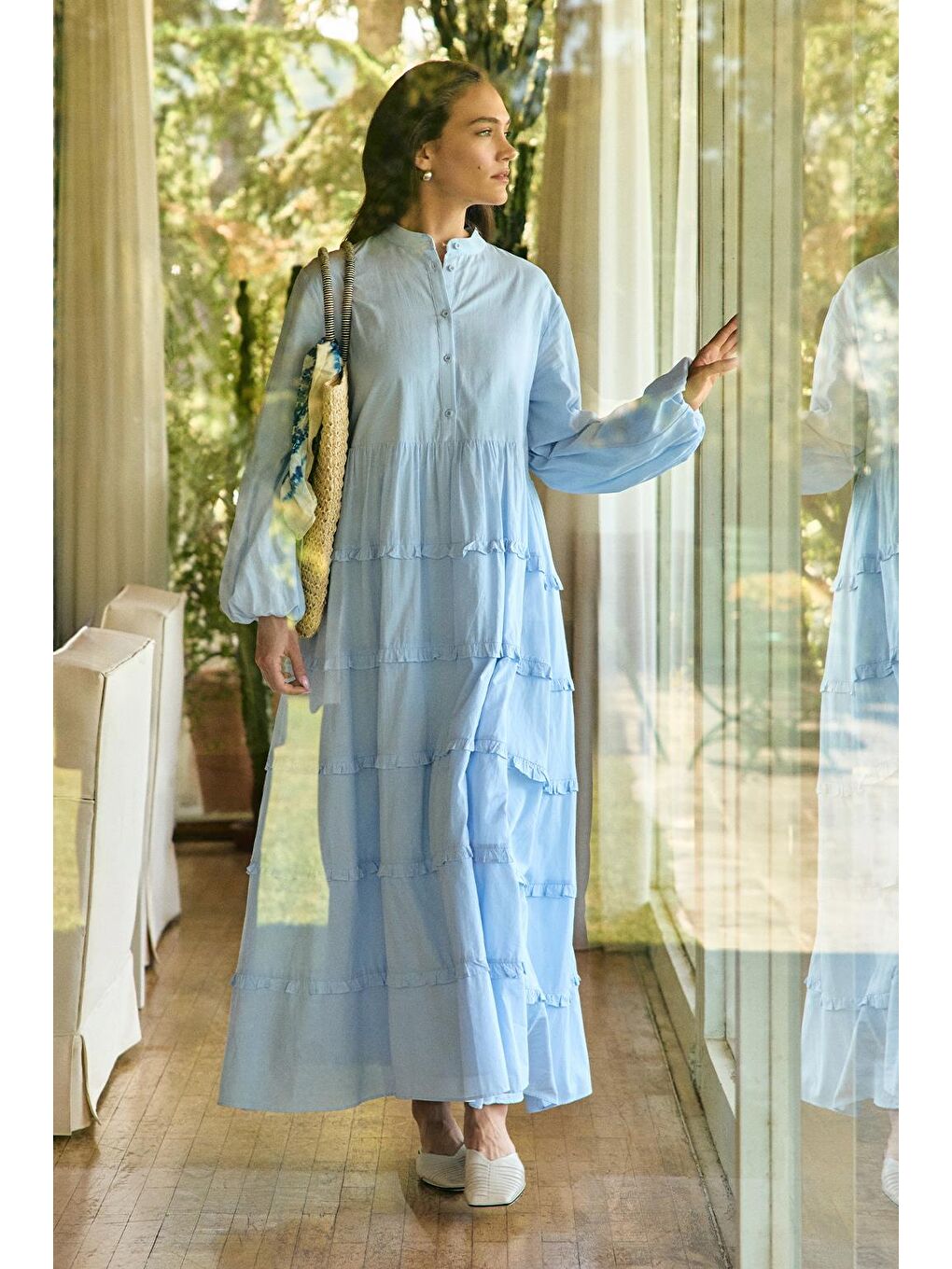 Azur Vual Katlı Uzun Elbise Bebe Mavisi-1