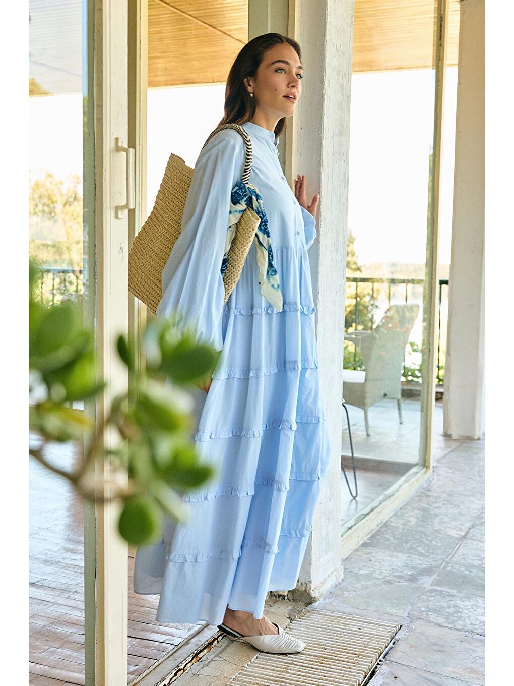 Azur Vual Katlı Uzun Elbise Bebe Mavisi-2