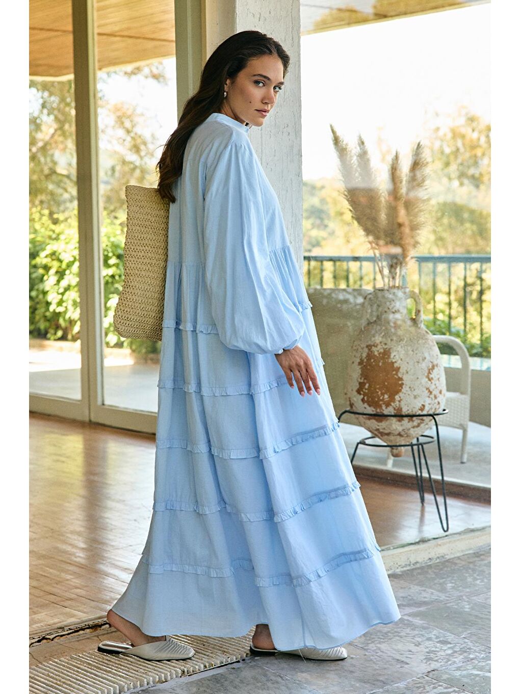 Azur Vual Katlı Uzun Elbise Bebe Mavisi-3