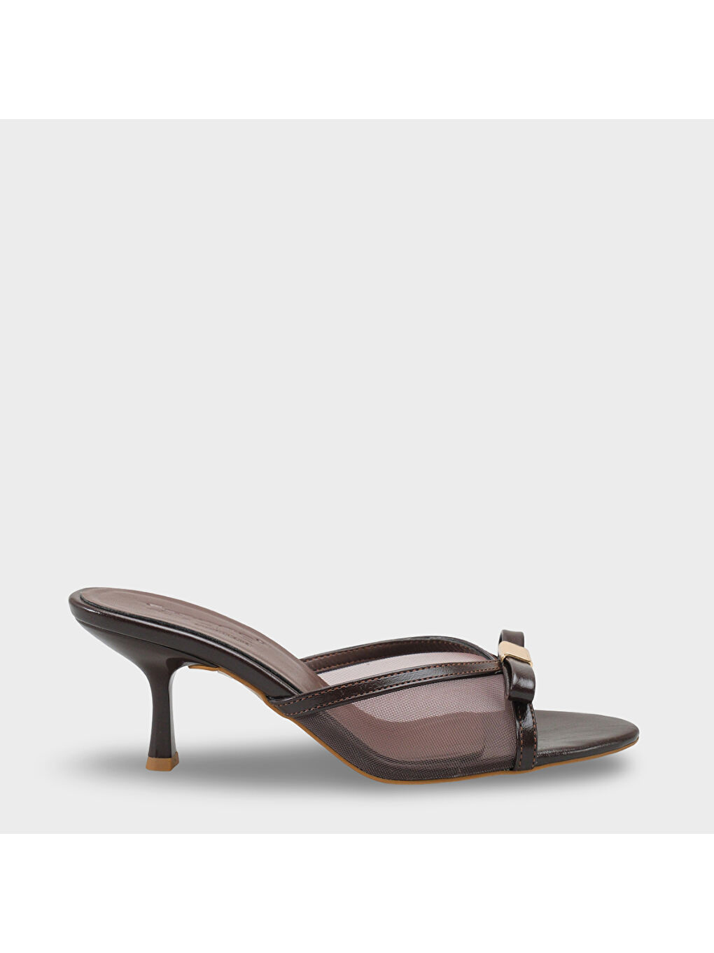 Kahverengi Robbi Sivri Burunlu Fileli Fiyonklu Orta Topuklu Kadın Terlik