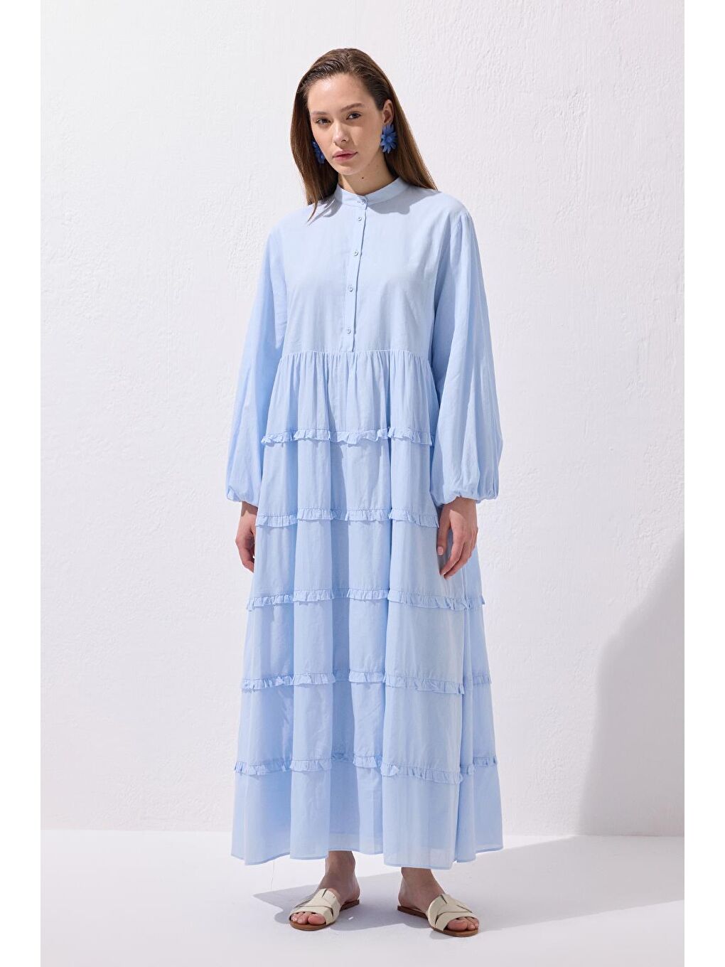 Azur Vual Katlı Uzun Elbise Bebe Mavisi-4