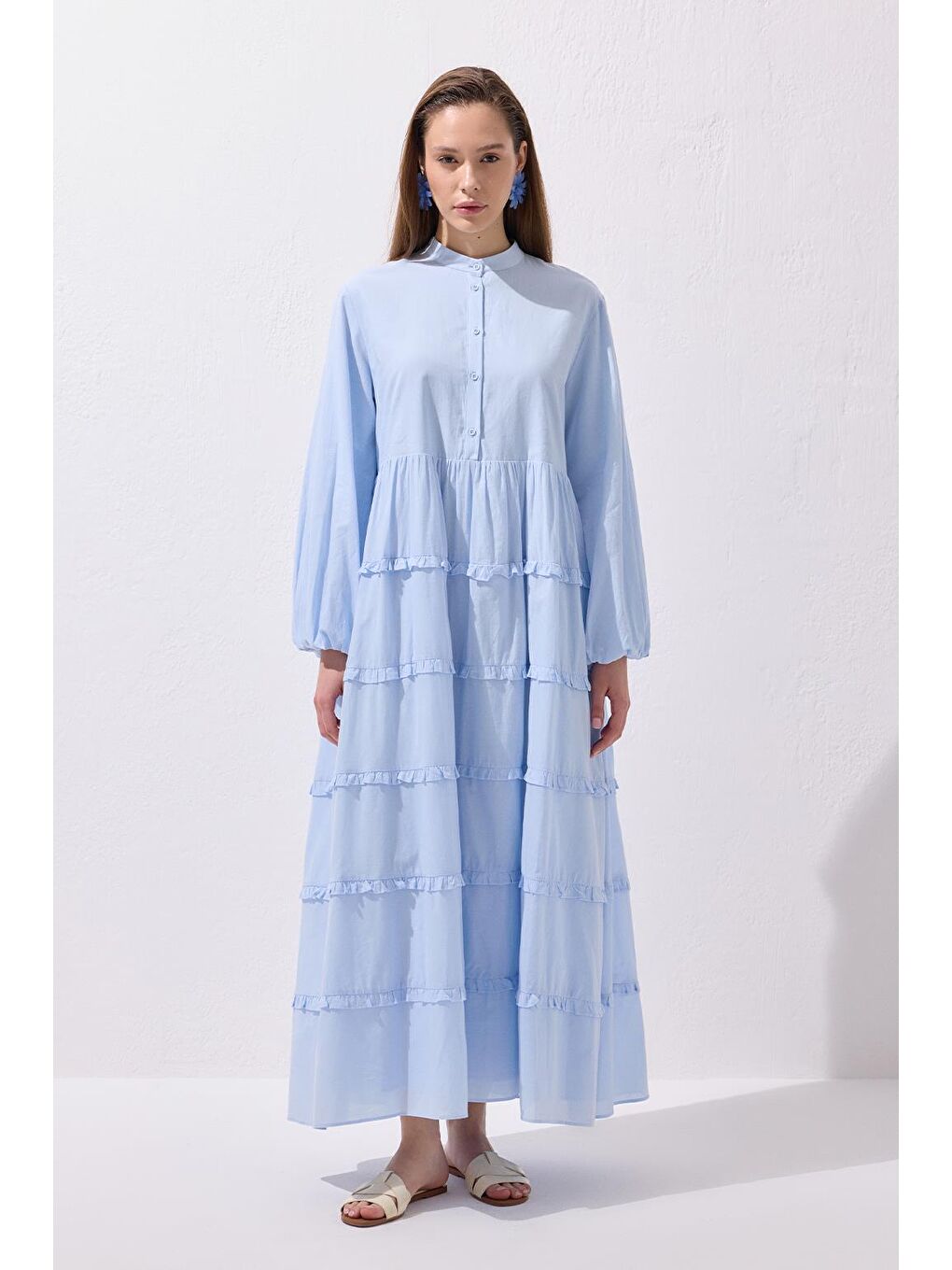 Azur Vual Katlı Uzun Elbise Bebe Mavisi-5