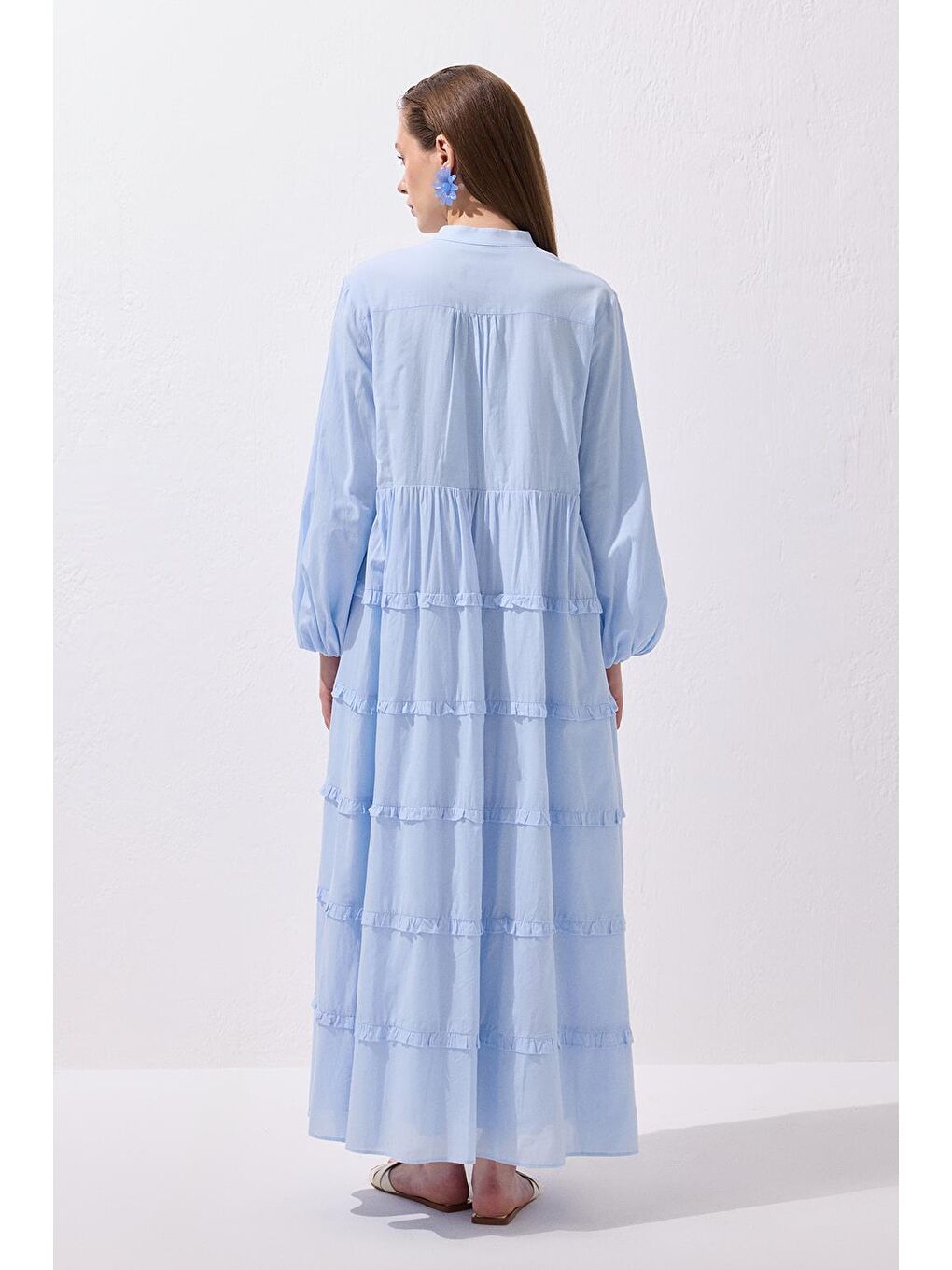 Azur Vual Katlı Uzun Elbise Bebe Mavisi-7