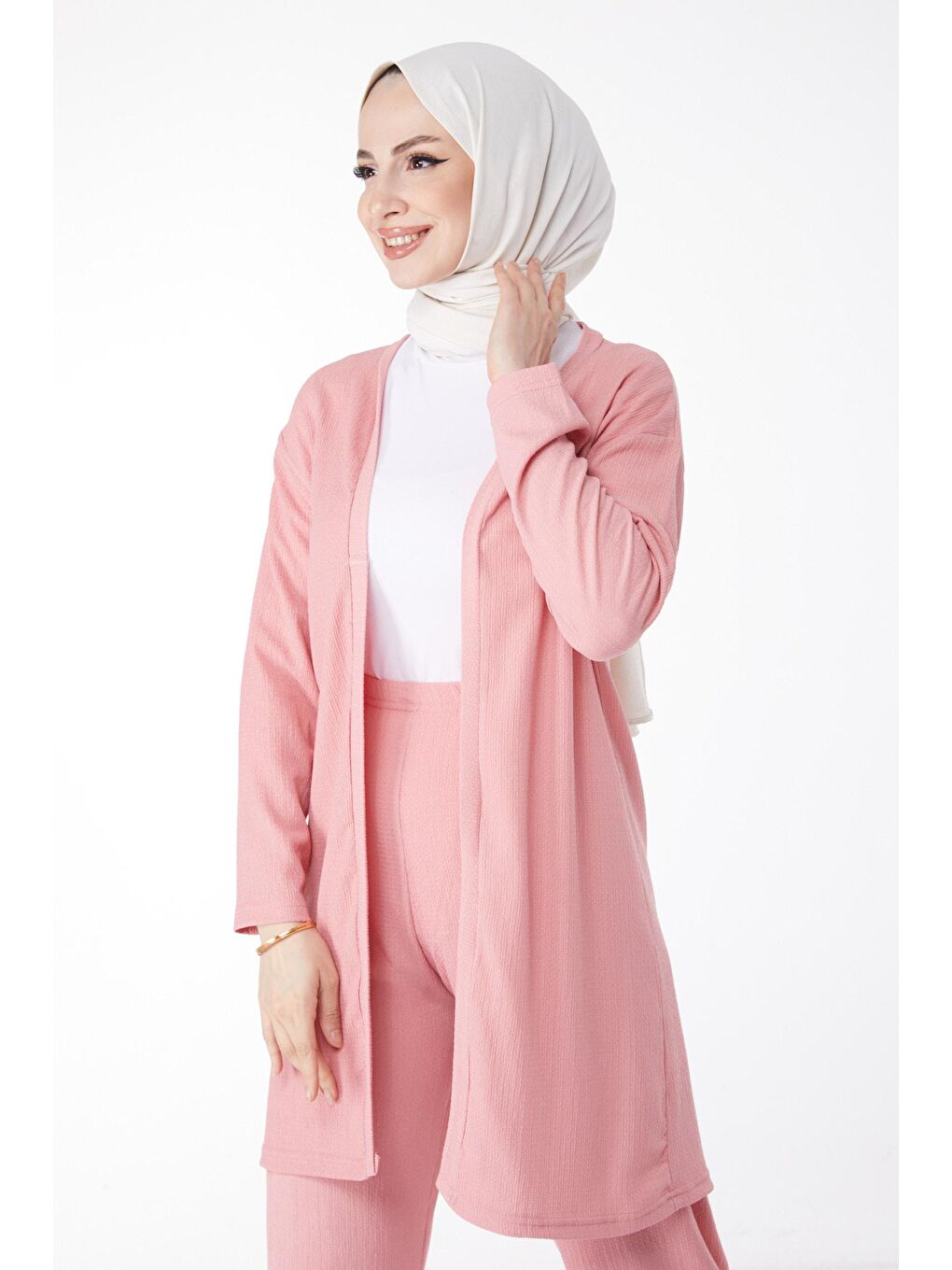 Ceket Yaka Kadın Pembe Kimono Pantolon İkili Takım - 25113-1
