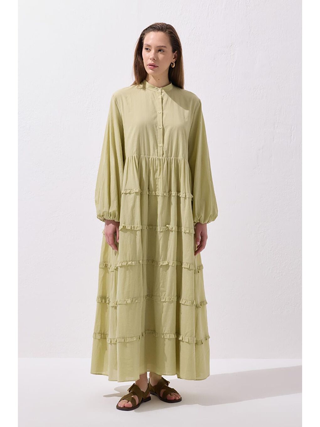 Yeşil Azur Vual Katlı Uzun Elbise Çağla-1
