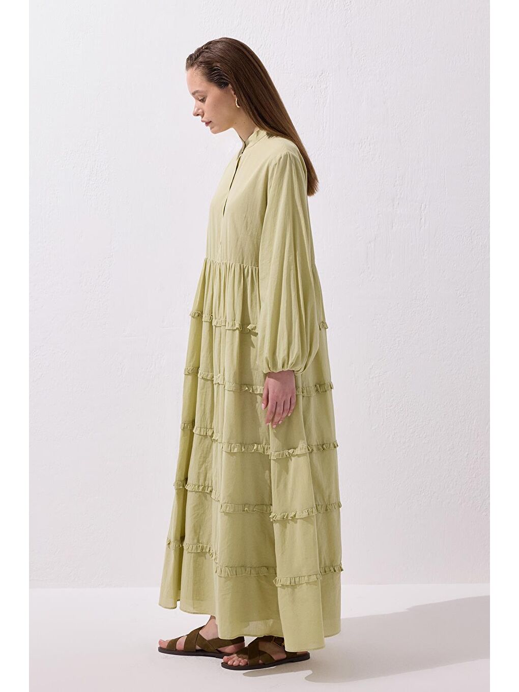 Yeşil Azur Vual Katlı Uzun Elbise Çağla-2